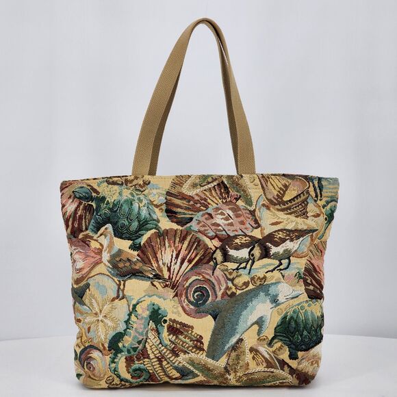 Vintage Sea Creature Tapestry Shopper Tote Bag Ocean Dolphin Turtle Shells - Picture 1 of 11